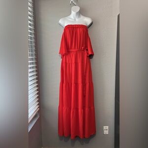 NEW New York & Company Tiered Maxi Dress Red Off Shoulder Ruffle Sleeves Medium